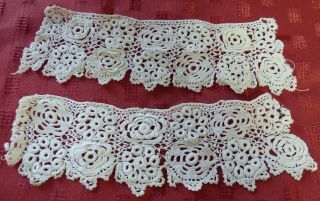 Antique Vintage Hand Made Irish Crochet Cuffs Trim Ivory Cotton 2 Pc 7 " X 2 "