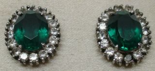 Antique Sterling Silver Art Deco Halo - Set Green & Clear Stone Post Earrings