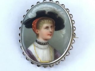 Antique Hand Painted Picture Of A Lady On Porcelain In Silver Gilt Mount