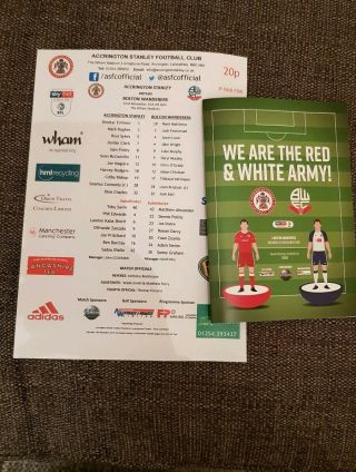Rare Accrington Stanley V Bolton Wanderers Programme,  Teamsheet 23/11/19