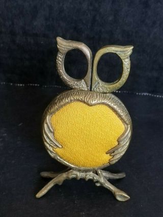 Vintage Sewing Scissor Owl Pin Cushion Brass