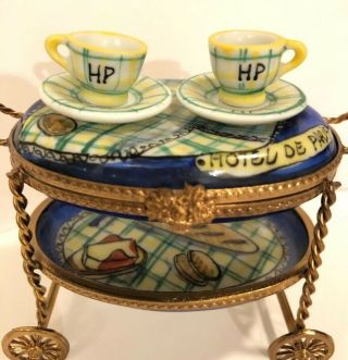 Rare • French Limoges Trinket Box Tea Cart Hotel Paris Petit Mein Mini Porcelain