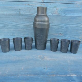 Vintage Chinese Swatow Pewter Dragon Cocktail Shaker With Shot Beakers