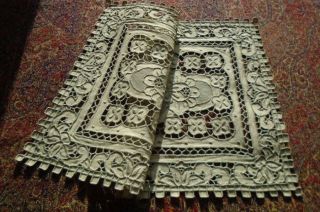 2 Antique Exquisite Hand Embroidered Mats Italian Renaissance & Cut Work Style