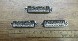 3 Antique Cast Iron Bin Pulls,  4 - 1/4 " Wide,  Victorian?,  Eastlake?,  Ornate Design