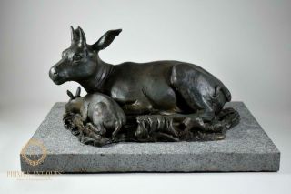 Antique 19th Century French Animalier Bronze Antelope Figure Group On Granite