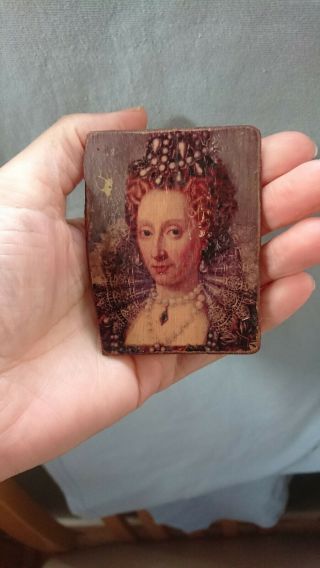 Vintage Miniature Picture Of Queen Elizabeth I Portrait Wood Painting