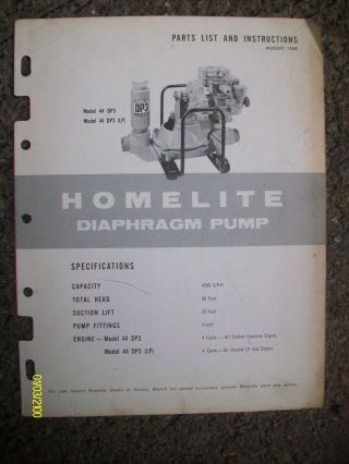 1960 Vintage Rare Htf Homelite Diaphragm Pump Model 44 Dp3 Instrutions