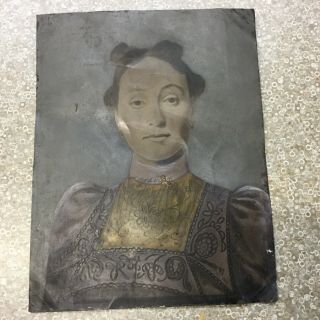 Large Antique Tin Type Photograph Hand Tinted Victorian Lady 9 X 7
