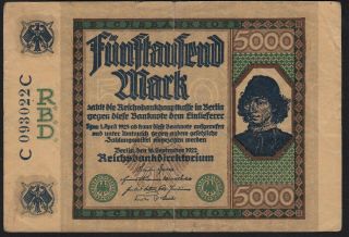 1922 5000 Mark Germany Rare Vintage Banknote Paper Money Currency Spinelli Vf