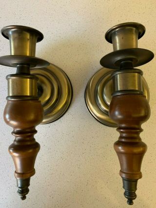 Vintage Wood & Metal Wall Candle Sconces - Set Of Two