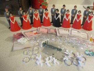 16 Vintage Groomsmen Bridesmaid Red Dress Silver Rings Doves Cake Topper Decor