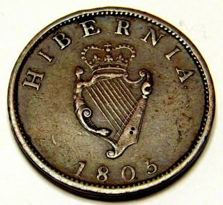 Rare 8.  6g Irish 1805 Half 1/2 Copper Penny Hibernia George Iii.  Km 147