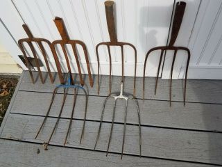 Vintage Hay / Pitch Forks [6] All 4 Tine Rustic Farm Tools.