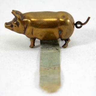 Antique Victorian Figural Brass Pig Tape Measure The Tail Winds Tape In & Out