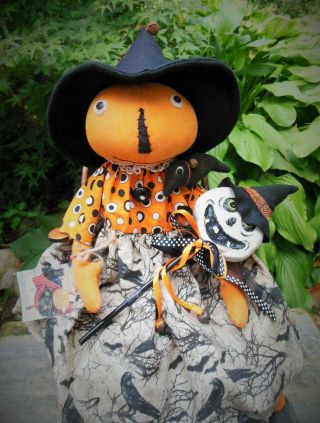 Primitive Halloween Orange Pumpkin Witch Doll With Baby Crow Antique Button Lace