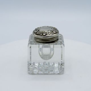Antique Beveled Cut Glass Inkwell With Sterling Silver Top