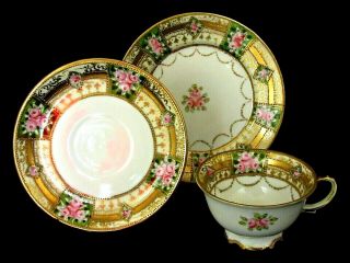 Antique Noritake Hand - Painted Porcelain Trio,  Pink Roses,  Raised Gilding