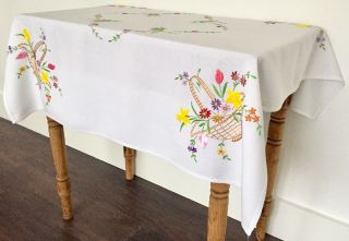 Vintage Hand Embroidered Tablecloth Baskets Of Spring Flowers Tulips & Daffodils