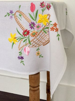 Vintage Hand Embroidered Tablecloth Baskets of Spring Flowers Tulips & Daffodils 2
