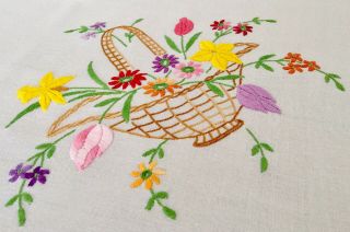 Vintage Hand Embroidered Tablecloth Baskets of Spring Flowers Tulips & Daffodils 3