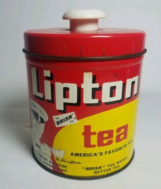 Vintage Antique Lipton Tea Red Metal Graphic Tin Kitchen Advertising Button Lid