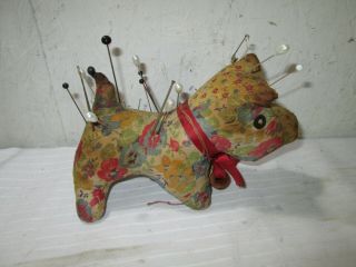 Antique Folky Fabric Pin Cushion Dog.  With The Pins.  Collectible