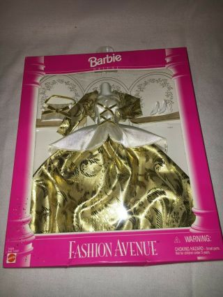 Vintage 14303 Fashion Avenue Barbie Doll Gold & Cream Evening Gown Nrfb 1995