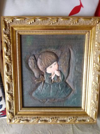Vintage Style Gold Framed Hand Carved Wood Panel Of An Angel Child Unusual.
