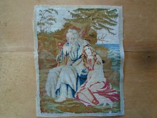 Antique Berlin Woolwork Tapestry Man And Woman.  Circa 19th.
