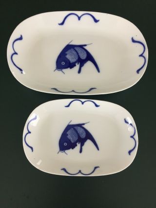 Antique Misty Rose Chinese Porcelain Blue & White Koi Fish Serving Platters