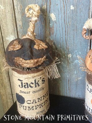 Primitive Jack O Lantern In Rusty Can Canned Pumpkin Folk Art Fall Halloween