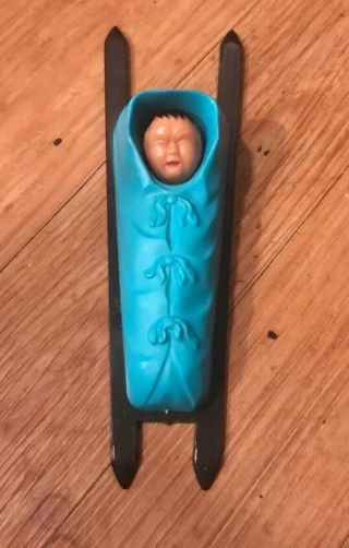 Vintage Plastic Native American Eskimo Baby In Blue Papoose Plastic Doll
