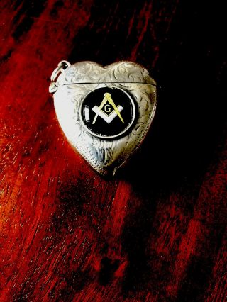 Heart Shape Silver Vesta Case With Masonic Enamel