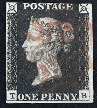 Rare 1840 Great Britain Penny Black Stamp Tb Control Letters Plate 10
