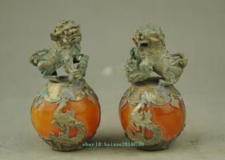 Old Tibet Silver Hand Carved Amber Dragon Phoenix Ball Lion Statue Pair B01