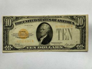 Rare Series 1928 $10 Bill Gold Certificate A 27858347 A Very