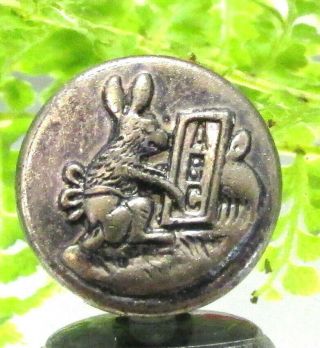 Cute Victorian Silver Metal Button W/ Rabbit Doing His A - B - C 