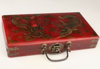 Unique Chinese Red Leather Jewelry Box Painting Dragon Phoenix Dowry Decoration