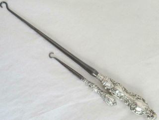 2 Antique Silver Button Hooks 1 Long One 1886 & 1 Small One 1889 Birmingham H/m