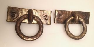 Pair Arts & Crafts Mission Stickley Door Pulls Round Hoops Hammered Brass Finish