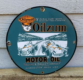 Old Rare Oilzum Gasoline Porcelain Sign Gas Service Station Pump Plate Motor Oil