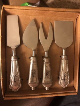 Pottery Barn Antique Silver Sentiment Cheese Knives,  Set Of 4
