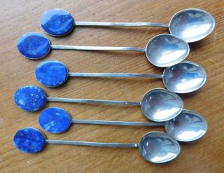 6 Arts & Crafts Sterling Silver Coffee Spoons Lapis Lazuli Mounts