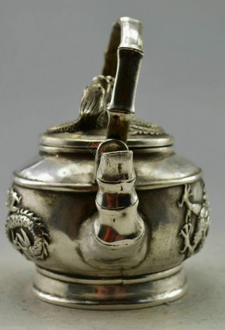 Collectible Decor Old Handwork Miao Silver Carved Dragon Bamboo TeaPot 2