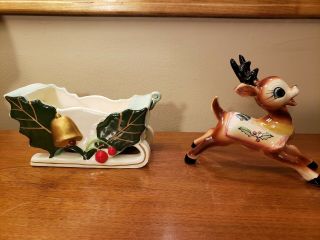 Rare - Vintage Dickson Reindeer And Sleigh - Hand Painted Ceramic -