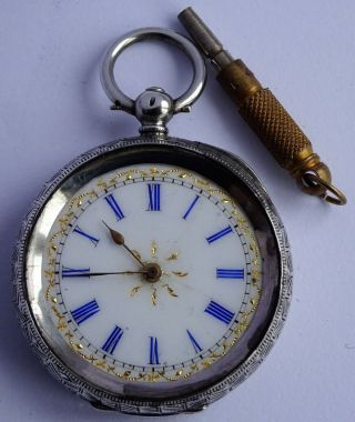Antique Swiss Solid Silver Fob Pocket Watch With Gilt Dial With Blue Numerals