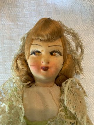 Vintage Paper Mache & Gauze Handpainted Face 8” Doll Vintage Tapestry Clothes 2