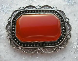 Gorgeous Antique Sterling Silver Brooch Set With Fine Carnelian Stone