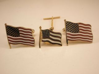 - American Flags Vintage Cuff Links & Tie Tack Set United States Old Glory
